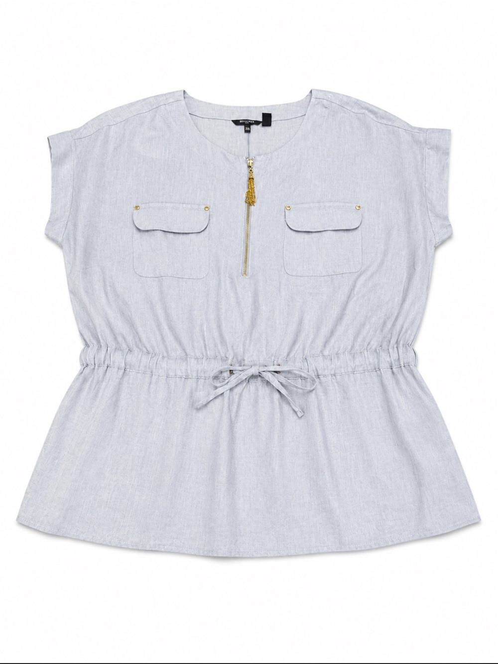 Ellen Tracy Linen Light Blue Drawstring Tunic Top - Picture 2 of 9